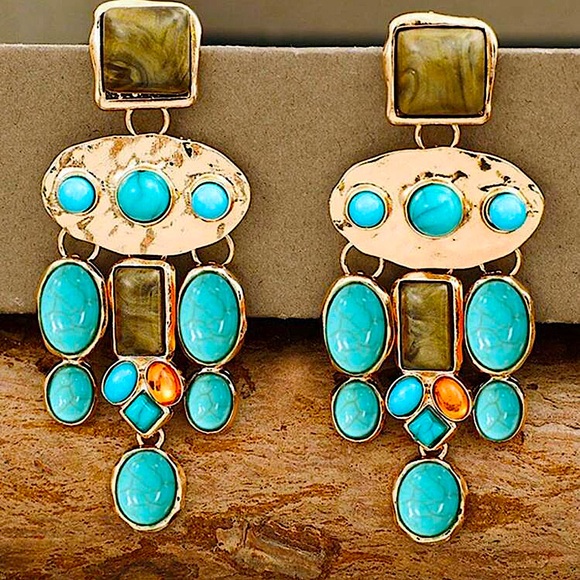 Tribal Pink, Green Stone Dangle Earrings Vintage Bohemian Boho - Picture 1 of 4